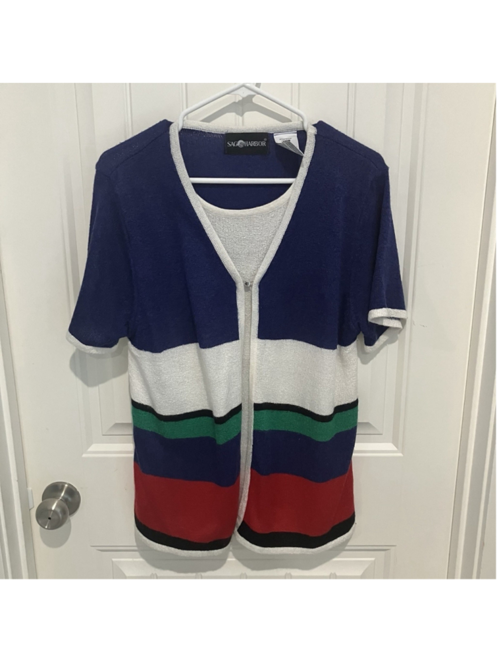 Sag Harbor L Cardigan Sweater Attached Top Women's Green Purple Red Striped